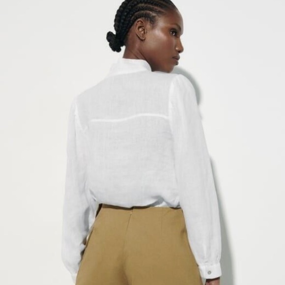 NWOT ZARA white linen long sleeved blouse with neck tie. - Picture 2 of 8